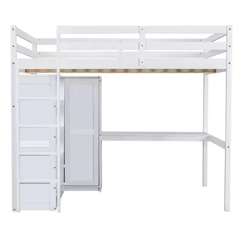 Letto a soppalco full size con armadio e scrivania, letto a soppalco alto in legno full size con cassetti e mensole per adulti, bambini e ragazzi