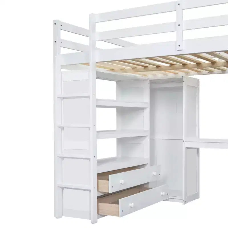 Letto a soppalco full size con armadio e scrivania, letto a soppalco alto in legno full size con cassetti e mensole per adulti, bambini e ragazzi