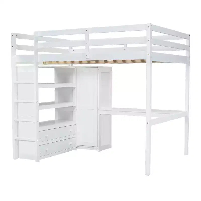 Letto a soppalco full size con armadio e scrivania, letto a soppalco alto in legno full size con cassetti e mensole per adulti, bambini e ragazzi