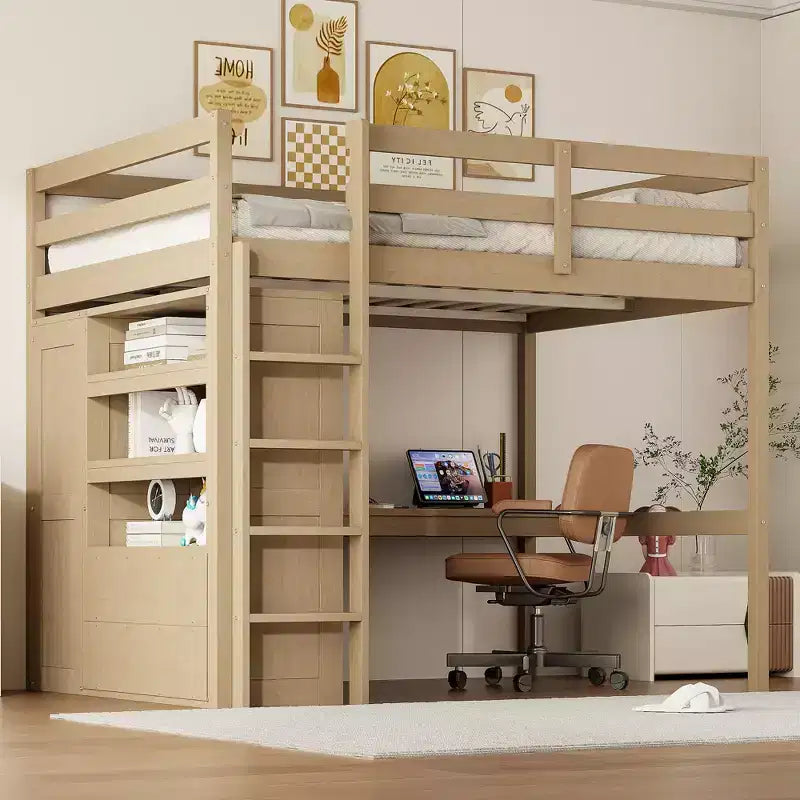 Letto a soppalco full size con armadio e scrivania, letto a soppalco alto in legno full size con cassetti e mensole per adulti, bambini e ragazzi