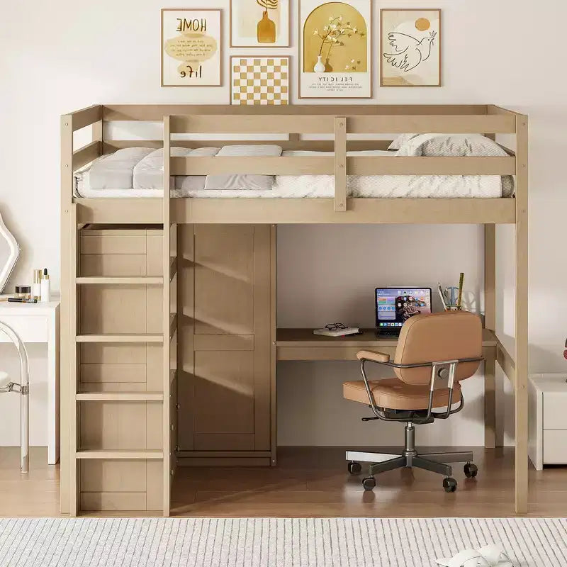 Letto a soppalco full size con armadio e scrivania, letto a soppalco alto in legno full size con cassetti e mensole per adulti, bambini e ragazzi