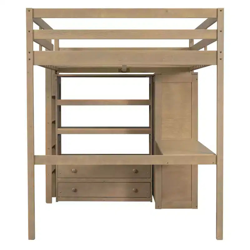 Letto a soppalco full size con armadio e scrivania, letto a soppalco alto in legno full size con cassetti e mensole per adulti, bambini e ragazzi