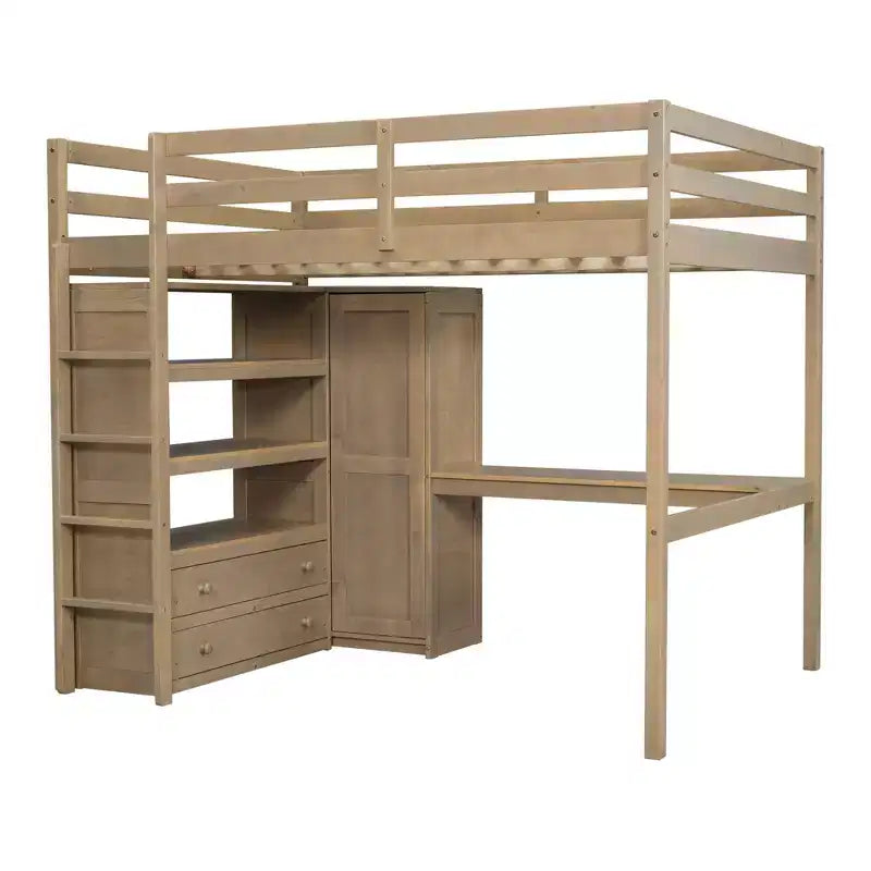 Letto a soppalco full size con armadio e scrivania, letto a soppalco alto in legno full size con cassetti e mensole per adulti, bambini e ragazzi