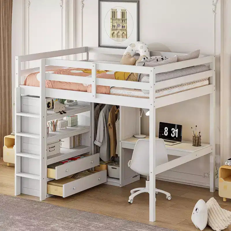 Letto a soppalco full size con armadio e scrivania, letto a soppalco alto in legno full size con cassetti e mensole per adulti, bambini e ragazzi