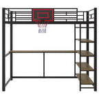 Letto a soppalco in metallo singolo con scrivania e mensole, struttura letto a soppalco resistente con canestro da basket, nero