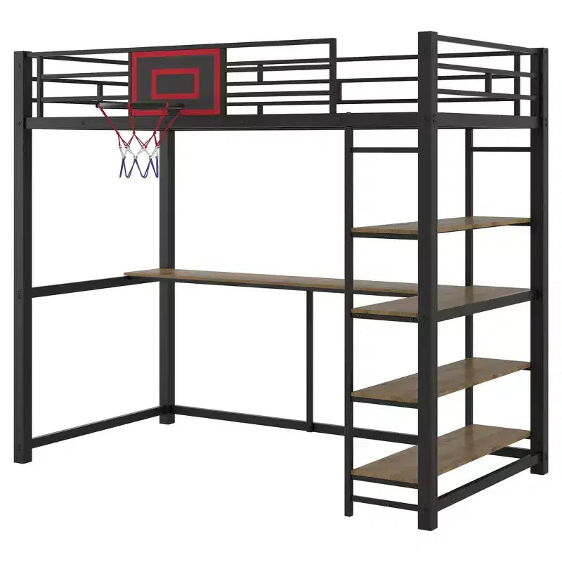 Letto a soppalco in metallo singolo con scrivania e mensole, struttura letto a soppalco resistente con canestro da basket, nero