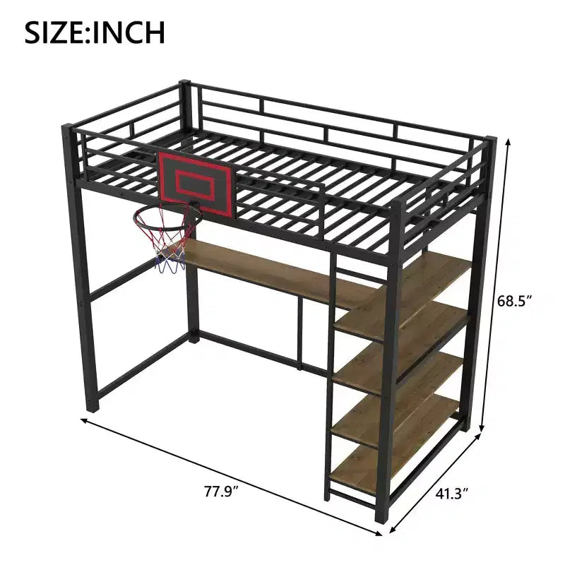 Letto a soppalco in metallo singolo con scrivania e mensole, struttura letto a soppalco resistente con canestro da basket, nero