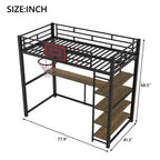 Letto a soppalco in metallo singolo con scrivania e mensole, struttura letto a soppalco resistente con canestro da basket, nero
