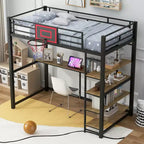 Letto a soppalco in metallo singolo con scrivania e mensole, struttura letto a soppalco resistente con canestro da basket, nero