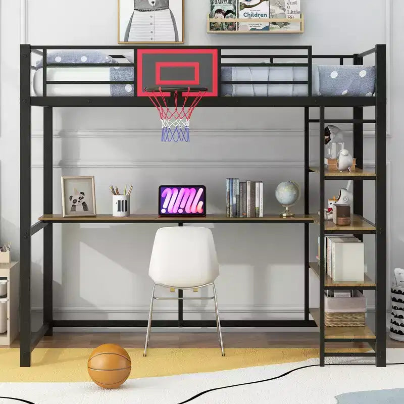 Letto a soppalco in metallo singolo con scrivania e mensole, struttura letto a soppalco resistente con canestro da basket, nero