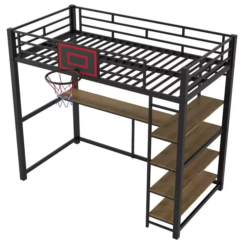 Letto a soppalco in metallo singolo con scrivania e mensole, struttura letto a soppalco resistente con canestro da basket, nero
