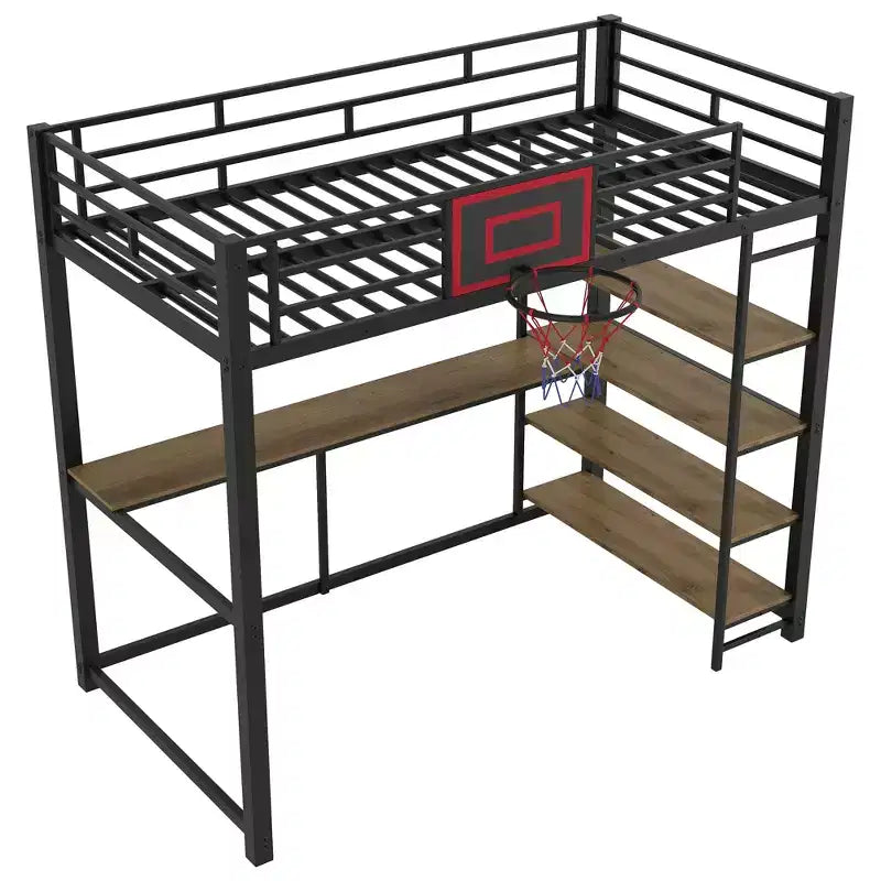 Letto a soppalco in metallo singolo con scrivania e mensole, struttura letto a soppalco resistente con canestro da basket, nero