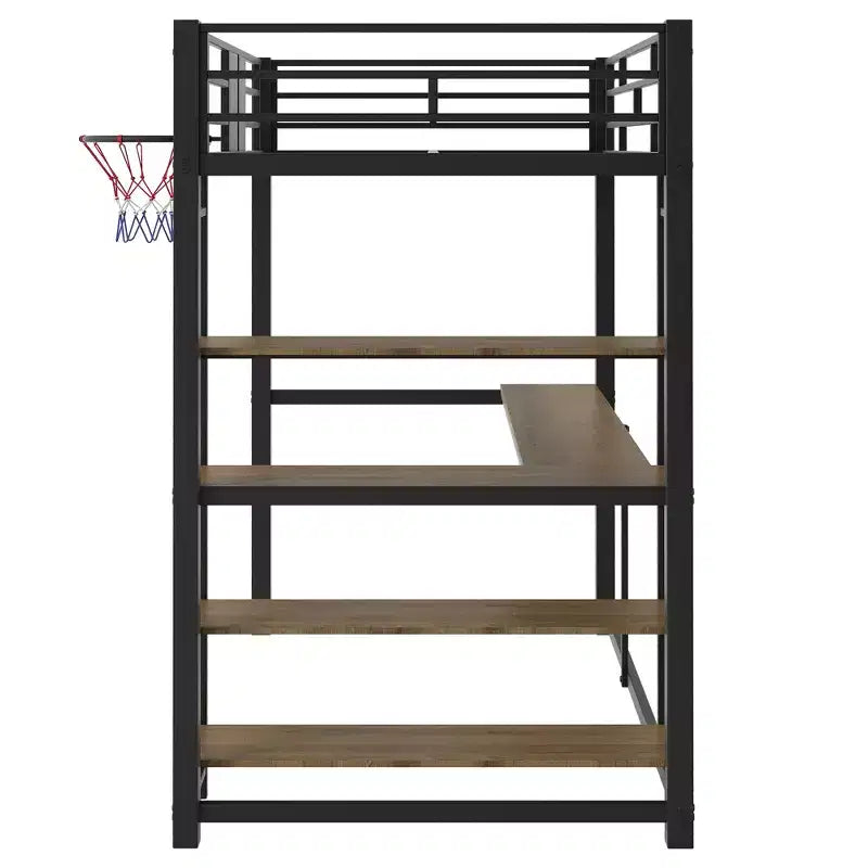 Letto a soppalco in metallo singolo con scrivania e mensole, struttura letto a soppalco resistente con canestro da basket, nero
