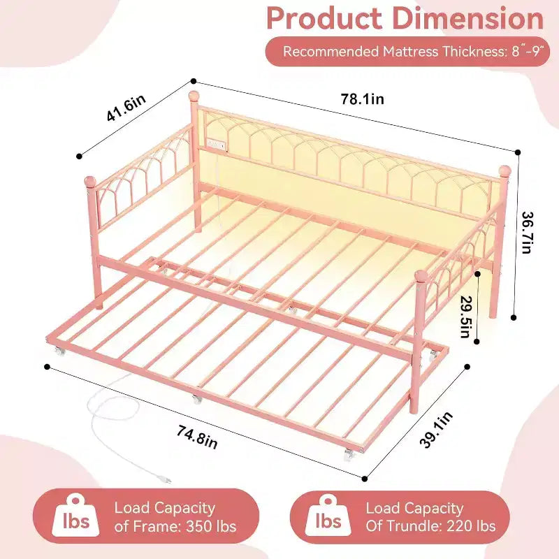 COZONY Letto Divano a Due Piazza con Estraibile, Struttura in Metallo con Stazione di Ricarica, Luci LED e Design Estraibile per Camera da Letto, Soggiorno