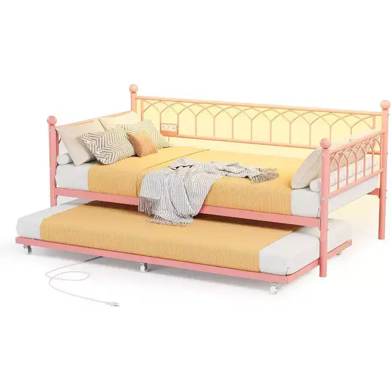 COZONY Letto Divano a Due Piazza con Estraibile, Struttura in Metallo con Stazione di Ricarica, Luci LED e Design Estraibile per Camera da Letto, Soggiorno