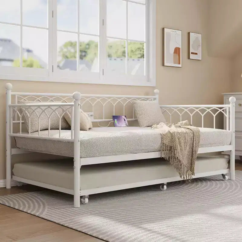 COZONY Letto Divano a Due Piazza con Estraibile, Struttura in Metallo con Stazione di Ricarica, Luci LED e Design Estraibile per Camera da Letto, Soggiorno
