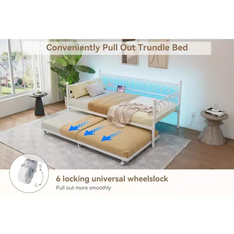 COZONY Letto Divano a Due Piazza con Estraibile, Struttura in Metallo con Stazione di Ricarica, Luci LED e Design Estraibile per Camera da Letto, Soggiorno
