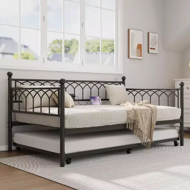 COZONY Letto Divano a Due Piazza con Estraibile, Struttura in Metallo con Stazione di Ricarica, Luci LED e Design Estraibile per Camera da Letto, Soggiorno