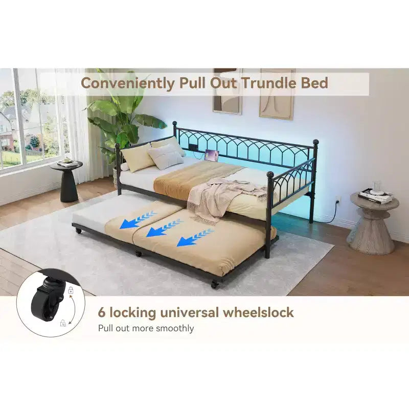 COZONY Letto Divano a Due Piazza con Estraibile, Struttura in Metallo con Stazione di Ricarica, Luci LED e Design Estraibile per Camera da Letto, Soggiorno