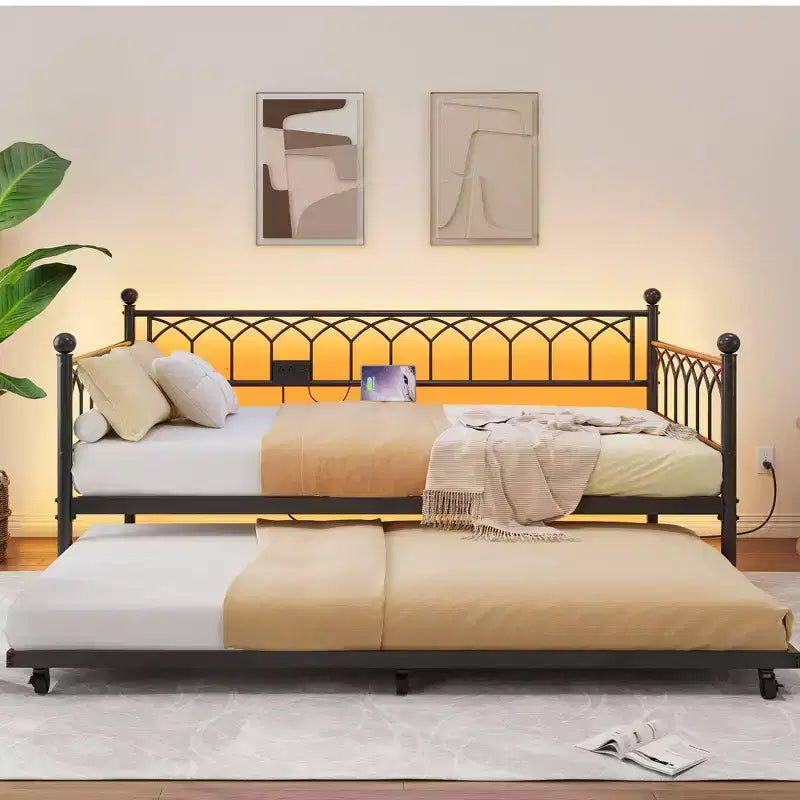 COZONY Twin Daybed with Trundle  Metal Sofa Bed Frame with Charging Station, LED Lights & Pull-Out Design for Bedroom, Living Room