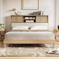 Bed Frame with Shelves, Solid Wood Platform Bed Frame, Natural Rattan Headboard & Sliding Door Storage
