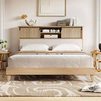 Bed Frame with Shelves, Solid Wood Platform Bed Frame, Natural Rattan Headboard & Sliding Door Storage