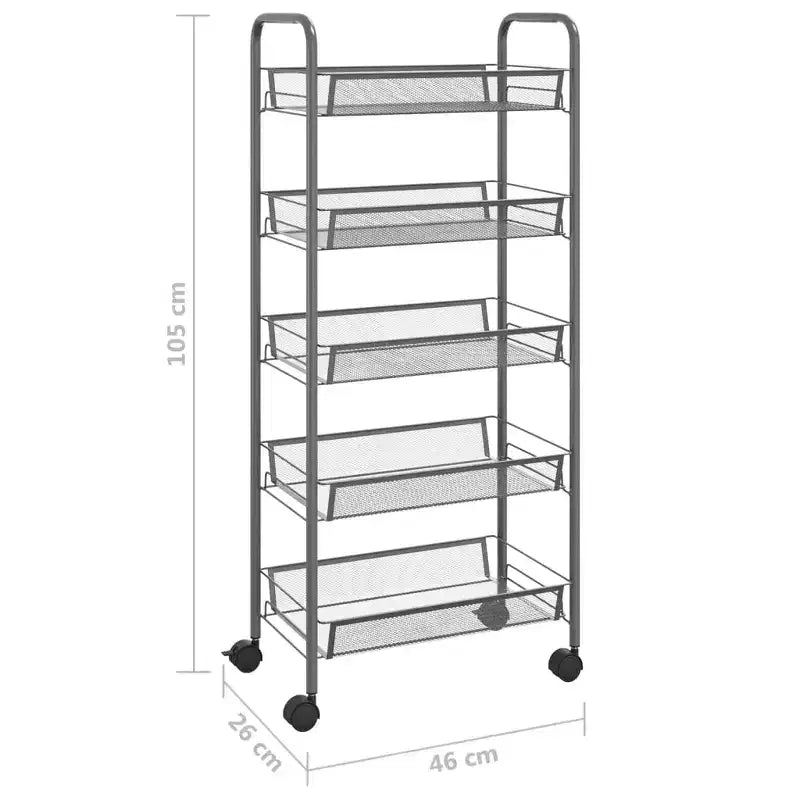 CLIHOME Carrello di servizio a rotelle a 5 ripiani in rete con cestino portaoggetti, carrello per casa, ufficio, dispensa e cucina
