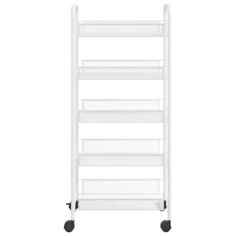 CLIHOME Carrello di servizio a rotelle a 5 ripiani in rete con cestino portaoggetti, carrello per casa, ufficio, dispensa e cucina