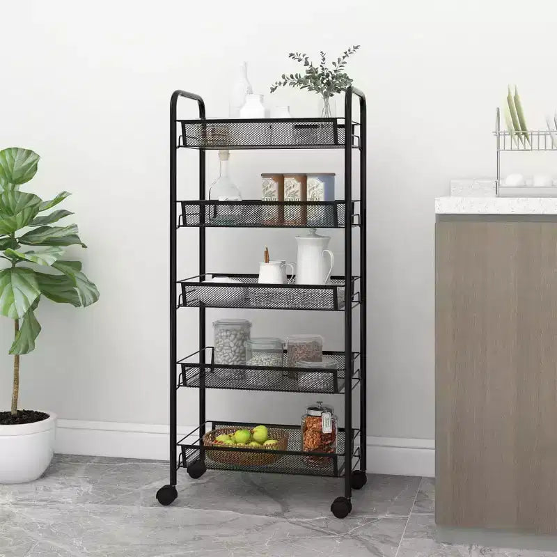 CLIHOME Carrello di servizio a rotelle a 5 ripiani in rete con cestino portaoggetti, carrello per casa, ufficio, dispensa e cucina