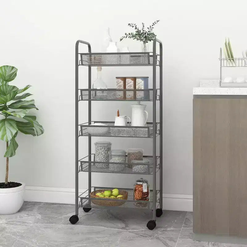 CLIHOME Carrello di servizio a rotelle a 5 ripiani in rete con cestino portaoggetti, carrello per casa, ufficio, dispensa e cucina