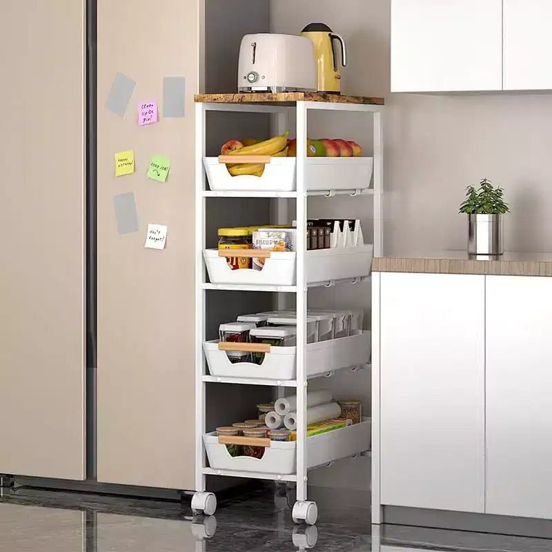 TROPOW Carrello Slim a 5 Ripiani con Ruote, Carrello in Metallo Bianco con Piano in Legno per Cucina/Bagno (1 Pezzo)