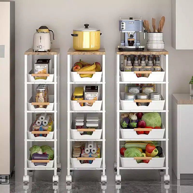 TROPOW Carrello Slim a 5 Ripiani con Ruote, Carrello in Metallo Bianco con Piano in Legno per Cucina/Bagno (1 Pezzo)
