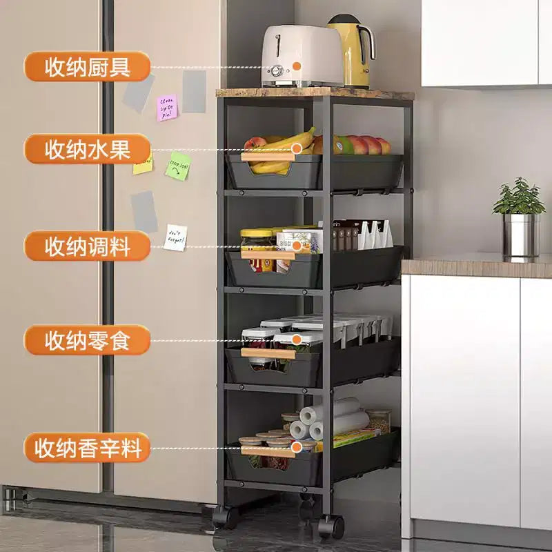 TROPOW Carrello Slim a 5 Ripiani con Ruote, Carrello in Metallo Bianco con Piano in Legno per Cucina/Bagno (1 Pezzo)