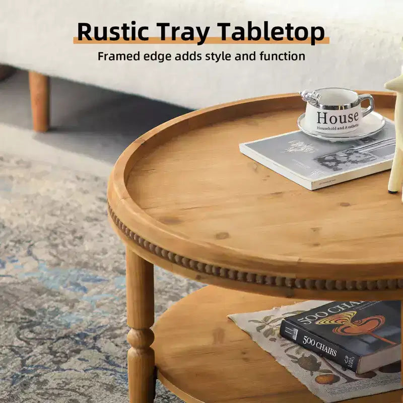 Tavolino da caffè rotondo moderno da 31'', tavolino centrale in legno a 2 ripiani con bordo perline, tavolino d'appoggio/da cocktail per soggiorno e camera da letto
