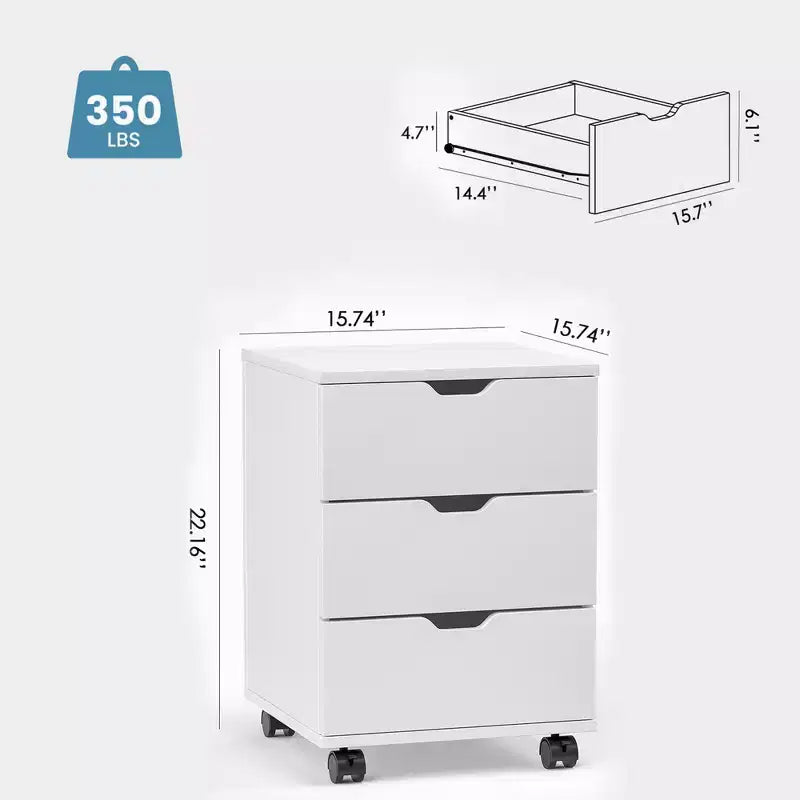 MAYEERTY 1622 Inch Armadietto verticale in legno a 3 cassetti bianco - con ruote, completamente assemblato per l'home office