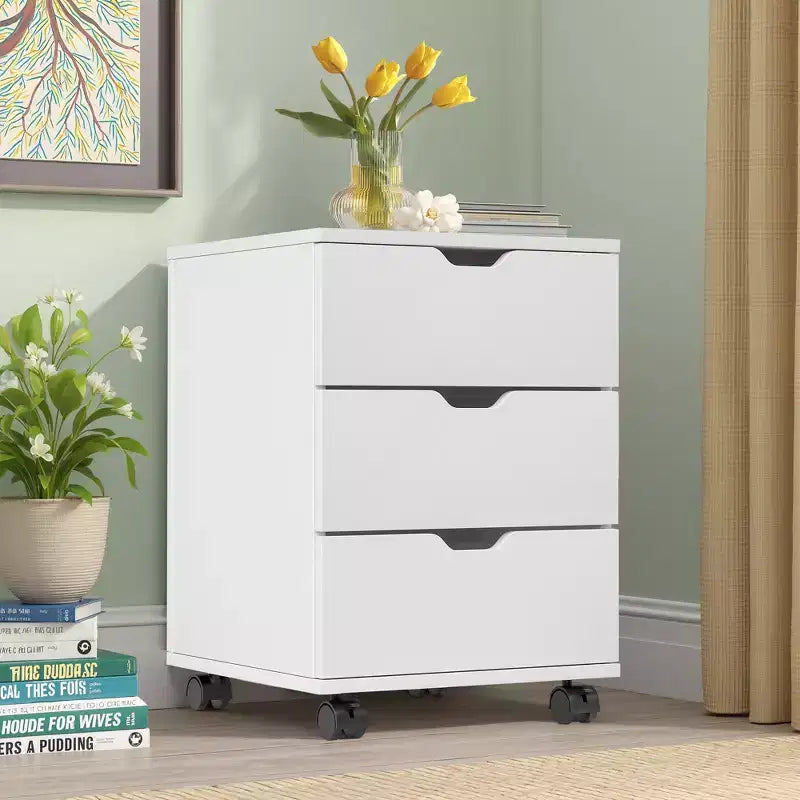 MAYEERTY 1622 Inch Armadietto verticale in legno a 3 cassetti bianco - con ruote, completamente assemblato per l'home office