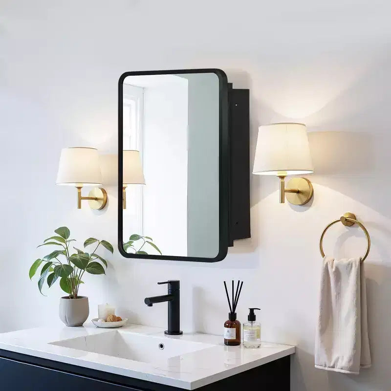 MAYEERTY 28 x 20in Modern Rectangular Bathroom Medicine Cabinets, Metal Framed Wall Mirror with Storage, Black