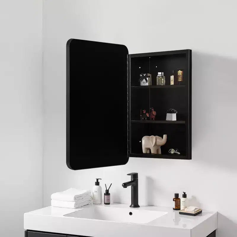 MAYEERTY 28 x 20 pollici, moderno armadietto a specchio rettangolare per bagno, specchio da parete con cornice in metallo e contenitore, nero