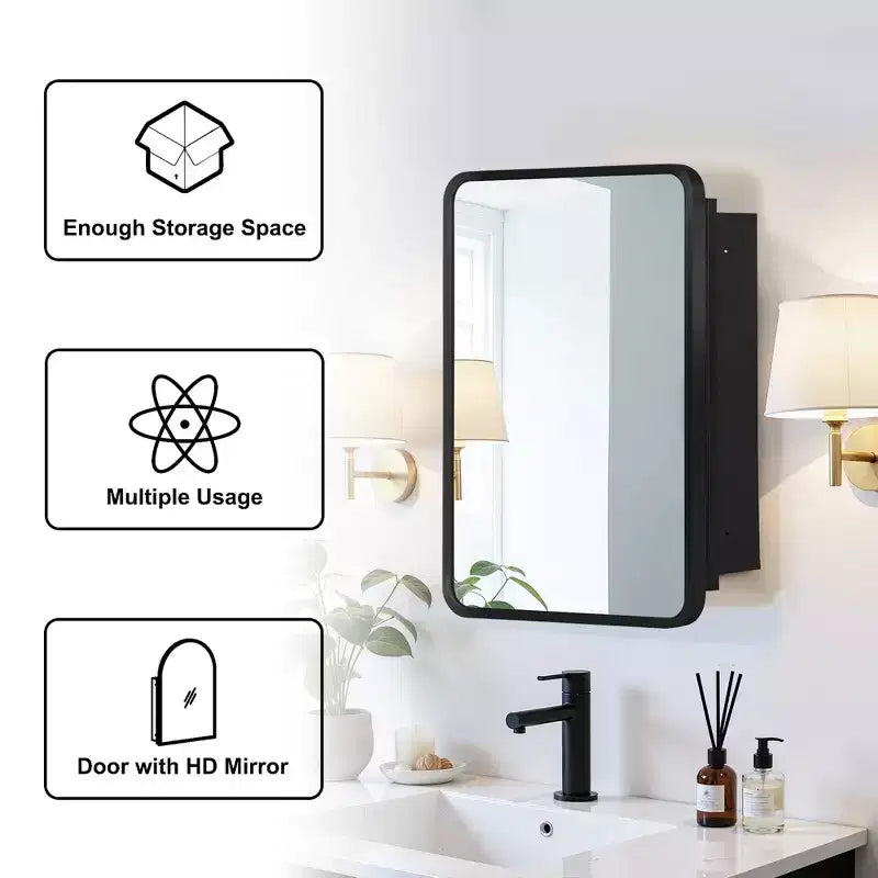 MAYEERTY 28 x 20 pollici, moderno armadietto a specchio rettangolare per bagno, specchio da parete con cornice in metallo e contenitore, nero