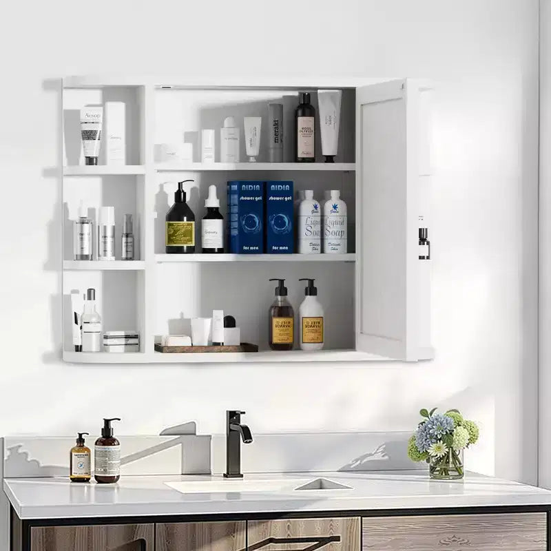 MAYEERTY 15 x 80 cm, Armadietto rettangolare moderno per bagno con specchio a parete con cornice in metallo e contenitore, Bianco