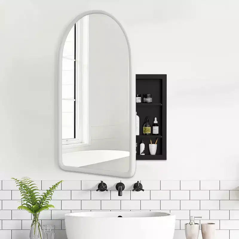 MAYEERTY Armadietto medicinali da bagno moderno ad arco 24 x 35,8 pollici, Specchio da parete con cornice in metallo e contenitore, Bianco