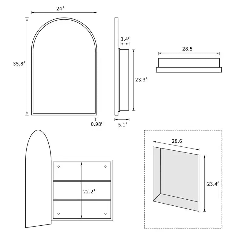 MAYEERTY Armadietto medicinali da bagno moderno ad arco 24 x 35,8 pollici, Specchio da parete con cornice in metallo e contenitore, Bianco