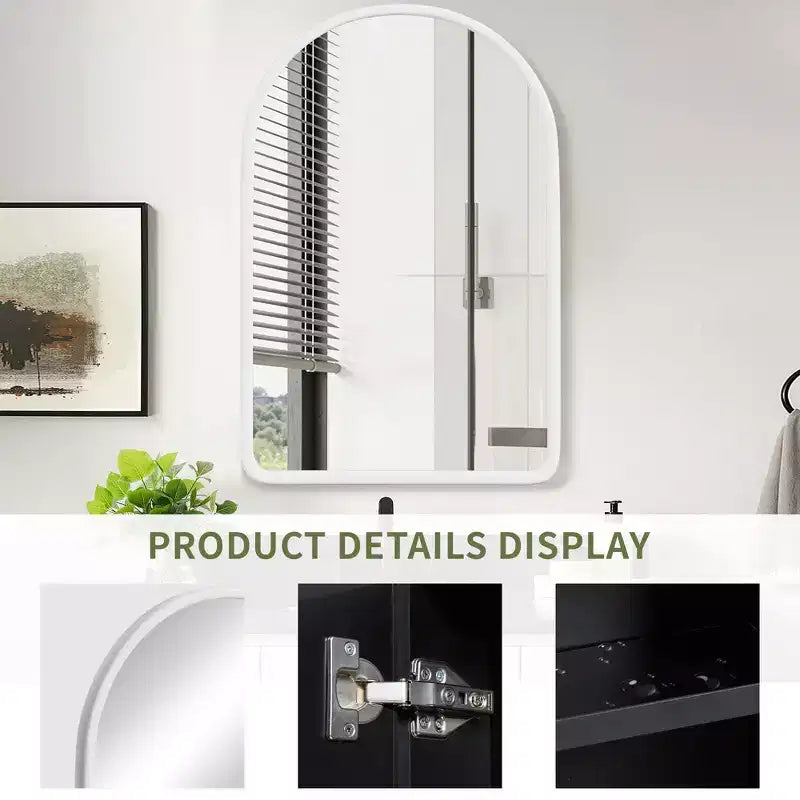 MAYEERTY Armadietto medicinali da bagno moderno ad arco 24 x 35,8 pollici, Specchio da parete con cornice in metallo e contenitore, Bianco