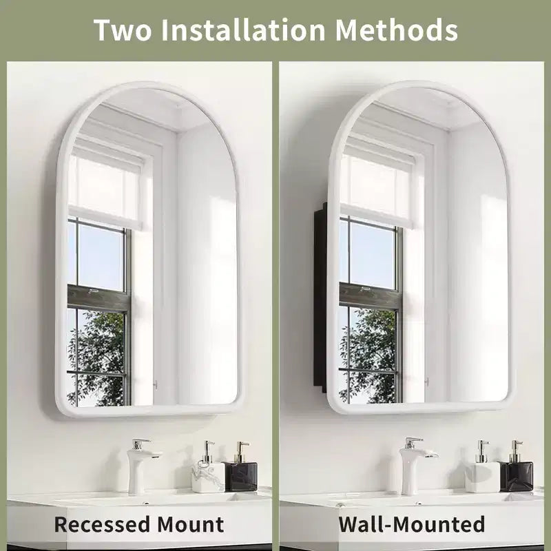 MAYEERTY Armadietto medicinali da bagno moderno ad arco 24 x 35,8 pollici, Specchio da parete con cornice in metallo e contenitore, Bianco