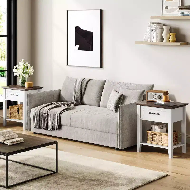 2 Comodini, Tavolino da Salotto con Cassetto, Tavolino d'Appoggio per Soggiorno, Tavolino da Notte a 2 Ripiani per Studio, Camera da Letto, Dormitorio, Bianco