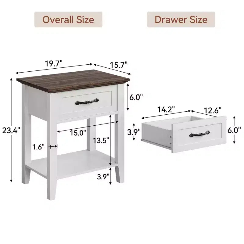 2 Comodini, Tavolino da Salotto con Cassetto, Tavolino d'Appoggio per Soggiorno, Tavolino da Notte a 2 Ripiani per Studio, Camera da Letto, Dormitorio, Bianco