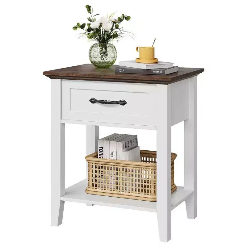 2 Comodini, Tavolino da Salotto con Cassetto, Tavolino d'Appoggio per Soggiorno, Tavolino da Notte a 2 Ripiani per Studio, Camera da Letto, Dormitorio, Bianco