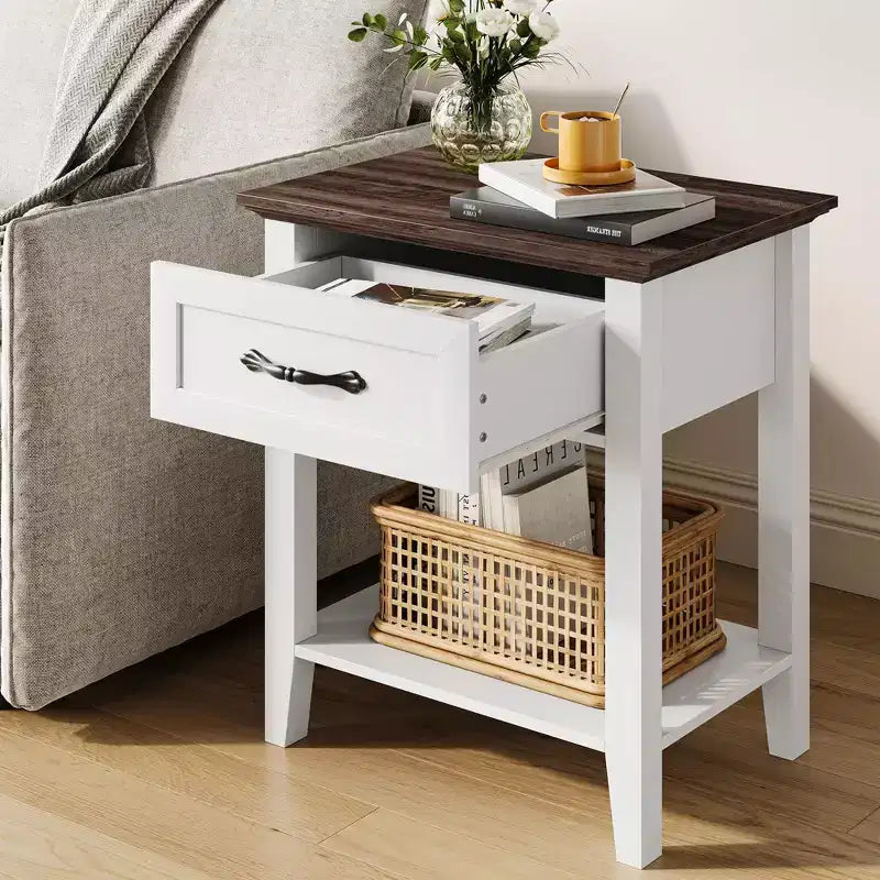 2 Comodini, Tavolino da Salotto con Cassetto, Tavolino d'Appoggio per Soggiorno, Tavolino da Notte a 2 Ripiani per Studio, Camera da Letto, Dormitorio, Bianco