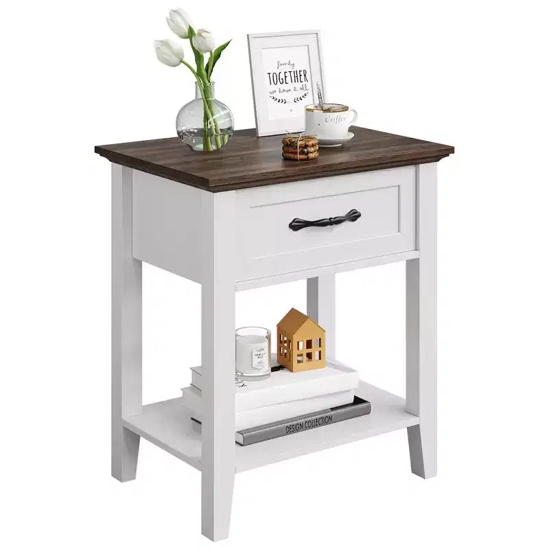 2 Comodini, Tavolino da Salotto con Cassetto, Tavolino d'Appoggio per Soggiorno, Tavolino da Notte a 2 Ripiani per Studio, Camera da Letto, Dormitorio, Bianco
