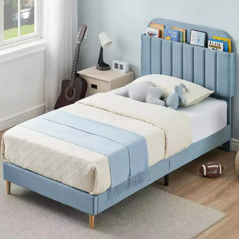 Struttura Letto con Testiera a Libreria, Letto Imbottito con Piattaforma Silenziosa, Facile da Montare, Nessuna Rete a Molle Necessaria